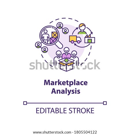 Marketplace analysis concept icon. Financial report. Commercial research. Information assessment idea thin line illustration. Vector isolated outline RGB color drawing. Editable stroke