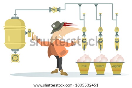 Dairy plant and worker illustration. Worker on the dairy plant producing milk, cream and yogurt 
