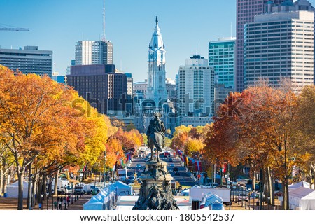 Philadelphia, Pennsylvania, USA in autumn overlooking Benjamin Franklin Parkway. Royalty-Free Stock Photo #1805542537