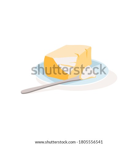 Butter on Plate with Knife. Margarine block, baking ingredient. Natural fresh healthy dairy product flat vector illustration isolated on white background