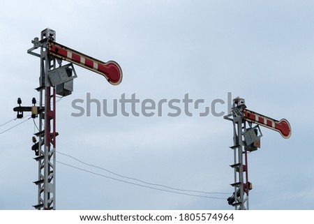 Traffic signal pole in the stop status of the railway traffic system in the local station,northern line of Thailand. 