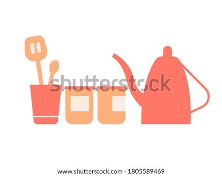 Kitchen stuff. Spatulas, jars of cereals, a kettle. Vector flat illustration.