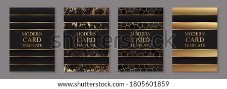 Modern geometric luxury wedding invitation design or card templates for birthday greeting or christamas or new year with golden lines and marble texture on a black background. Royalty-Free Stock Photo #1805601859