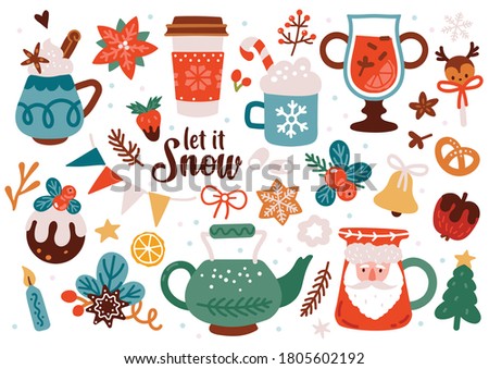 Cute Christmas decoration set. Isolated vector illustration of sweet Holiday party. Winter cozy clip art. Happy New Year Greetings. Kids poster.