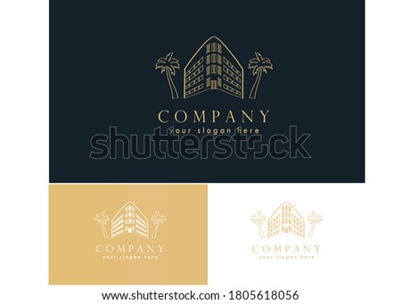 Hand drawn sketch hotel with palm tree . Unique and luxury logo. Can be used for realty estate, apartment, building, ,resort, residential property or hotel logo template.