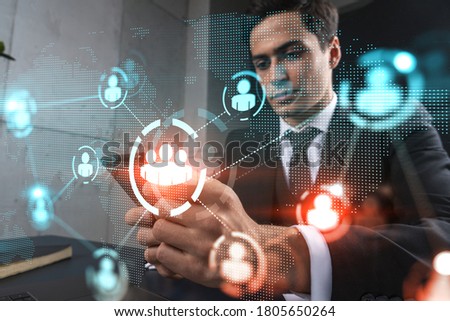 Man in office working with Smartphone, Searching for new people connections. Social media hologram, typing phone. Double exposure.
