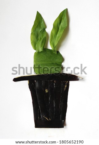 Rabbit in magic hat on an isolated white background mage from salad leaves and eggplant. Top view illustration, close-up, flat lay, concept for a card or poster
