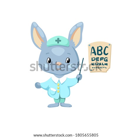 Cute bunny doctor ophthalmologist with eye sight checking chart, vector illustration on white background. Medical occupation ophtalmologist checking sight. Friendly rabbit as medical clinic mascot