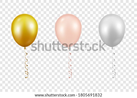 Vector 3d Realistic Metallic Golden, Pink, White Balloon with Ribbon Set Closeup Isolated on Transparent Background. Design Template of Translucent Helium Baloons, Mockup, Anniversary, Birthday Party