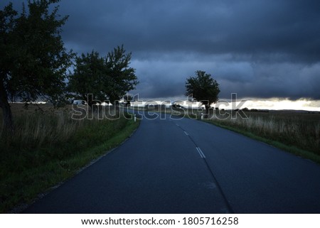 A dark road lined with trees with nature and cloudy sky in the background - road before a storm.