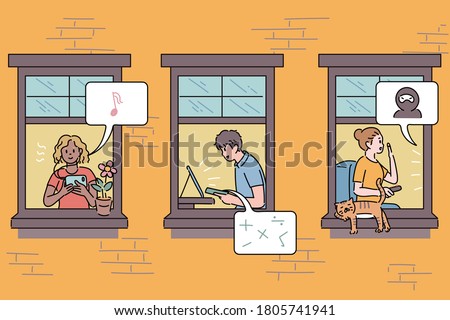 The neighbors can be seen through the windows of the building.hand drawn style vector design illustrations. 