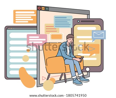 A man is sitting on a chair and looking at the phone Large message windows float behind him. hand drawn style vector design illustrations. 