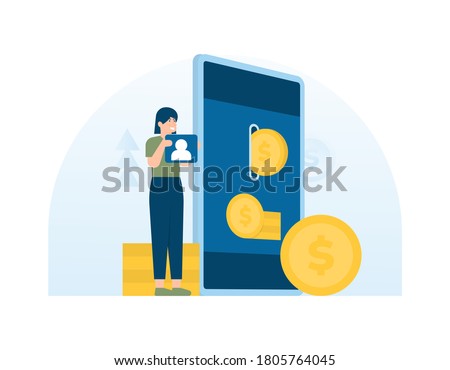 illustration of a woman using a smartphone to earn money by referring friends. concept of loyalty program, referral, affiliate, moneymaker. flat style. UI design elements