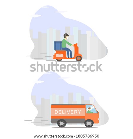 Vector - Two man wear face mask shipping delivery service by motorcycle and van (Truck). Deliver goods or food to customer at home or office. Business concept. 