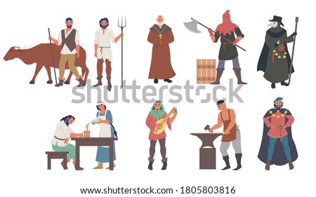 Medieval people male and female cartoon character set flat vector isolated illustration. Priest, peasants, executioner, plague doctor, blacksmith, musician, minstrel, royal courtier. Medieval clothing Royalty-Free Stock Photo #1805803816