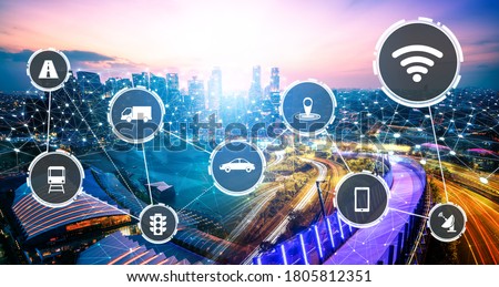 Smart transport technology concept for future car traffic on road . Virtual intelligent system makes digital information analysis to connect data of vehicle on city street . Futuristic innovation . Royalty-Free Stock Photo #1805812351