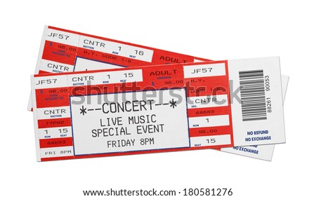 Pair of Blank Red Concert Performance Tickets Isolated on White Background. Royalty-Free Stock Photo #180581276