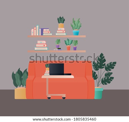 laptop on table in front orange couch and shelves with books and plants design, Home decoration interior living building apartment and residential theme Vector illustration