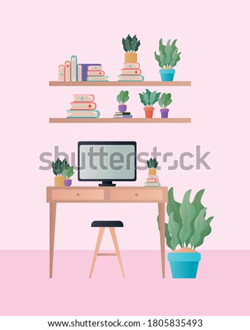 desk with chair computer and plants in room design, Home decoration interior living building apartment and residential theme Vector illustration