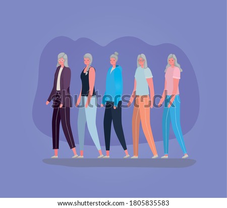 Senior women cartoons on purple background design, grandmother and old female person theme Vector illustration