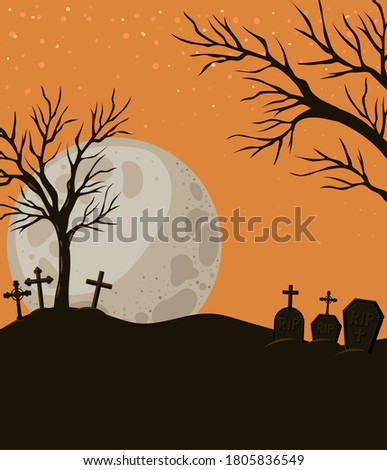 Halloween crosses graves and trees in front of moon landscape design, Holiday and scary theme Vector illustration