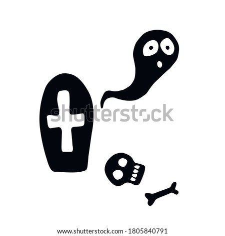 Grave in a cemetery, tombstone with ghost. Vector decorative element in cartoon flat style, black silhouette isolated on white background. Theme of Halloween and death