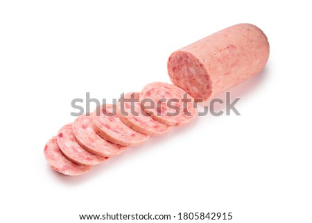 Boiled sausage isolated on white background. Slices. 