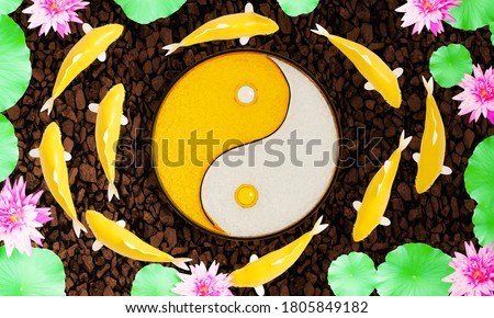 Koi or fancy koi fish swim in a circle. Conveys good fortune in feng shui. Fish swimming in a lotus pond With pink lotus flowers The pond floor is a river rock. 3D Rendering