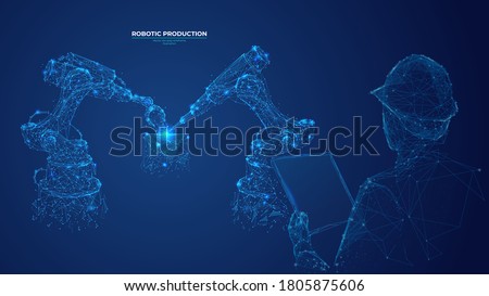 Abstract polygonal engineer holding tablet and controlling robotic arm and robotic tool. Smart technology manufacturing process in dark blue. Vector image of industrial technology, automation concept
 Royalty-Free Stock Photo #1805875606