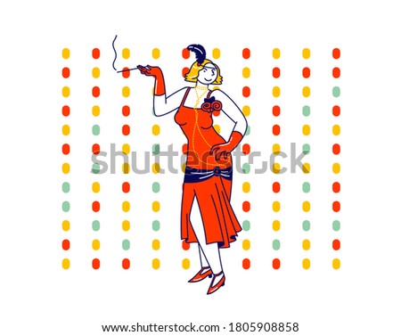 Young Female Character in Retro Dress Visiting Night Club Dancing Disco Dance and Smoking Mouthpiece. The Roaring 1920, Girl Flapper Dancer in Red Vintage Costume Posing. Linear Vector Illustration