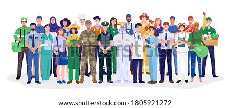 Group of different occupations standing on white background. Vector Royalty-Free Stock Photo #1805921272
