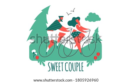 Couple on bicycles. Man and girl. Sport and vacation travel. Stylised people.
