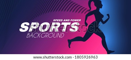 Sport background with running girl silhouette with cloak and light effects.
