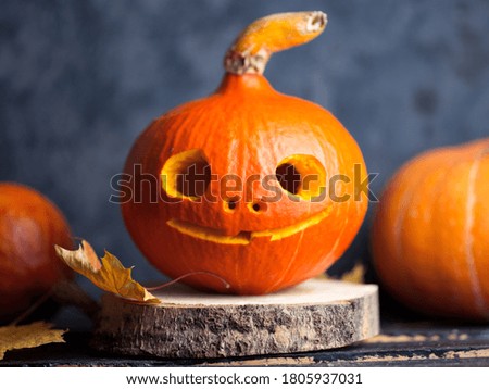 Autumn carved fun pumpkin on the table