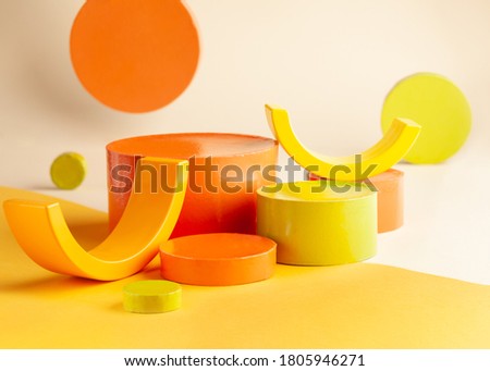 Composition with empty circle shape podiums for products presentation or exhibitions. Abstract background of different colorful geometric objects