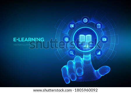 E-learning. Innovative online education and internet technology concept. Webinar, teaching, online training courses. Skill development. Wireframe hand touching digital interface. Vector illustration. Royalty-Free Stock Photo #1805960092