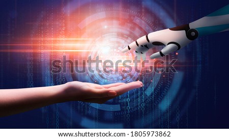 Artificial Intelligence Concept Creative Illustration. 3D Cyborg Hand Reaching Human Hand Over Abstract Binary Background, Panorama