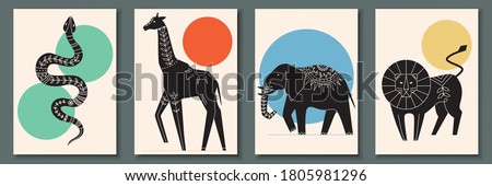 Abstract poster collection with animals and reptiles: snake, giraffe, elephant, lion. Set of contemporary scandinavian print templates. Ink animals with floral ornament and geometrical shapes on back Royalty-Free Stock Photo #1805981296
