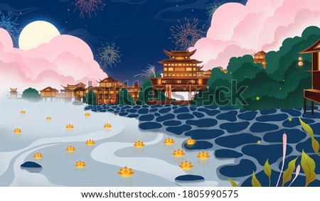 Brightly lit night in the ancient town. Asian Chinese style illustration