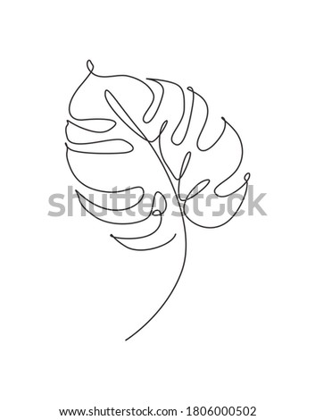 One single line drawing monstera leaf vector illustration. Minimal tropical leaves abstract floral pattern concept for poster, wall decor print. Modern continuous line graphic draw design
