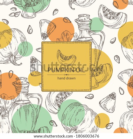 Background with pumpkin and bottle of pumpkin oil. Vector hand drawn illustration