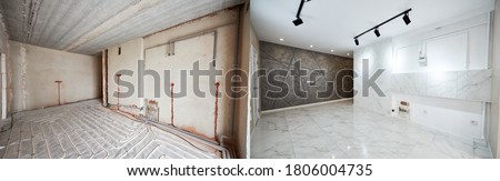 Comparison of freshly renovated apartment with marble floor, old place with underfloor heating pipes. Modern empty flat with stylish design before and after restoration. Concept of home refurbishment. Royalty-Free Stock Photo #1806004735