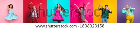 Collage photo six cool funny active modern people diversity fancy ladies hipster guys men good mood discotheque festive clubbers isolated many colors violet teal yellow pink red background