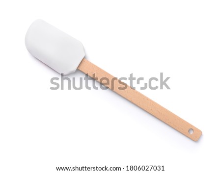 Top view of silicone kitchen spatula with wooden handle  isolated on white Royalty-Free Stock Photo #1806027031
