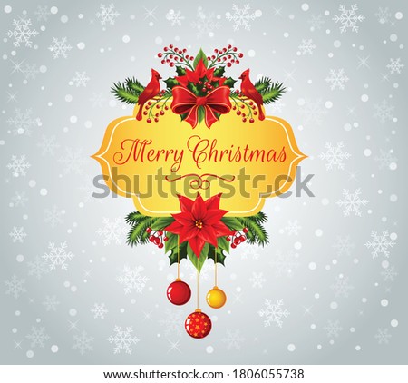 Golden banner with Merry Christmas text decorated with christmas details with red flowers.
