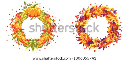 Set of wreaths with autumn leaves and pumpkin. Isolated on white.
