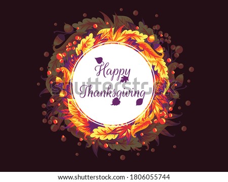 Autumn leaves and Happy thanksgiving text on the white circle. On the purple background.
