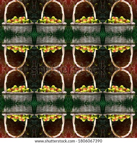 Background of white wicker baskets with ripe apples on the lawn. Abstract seamless natural pattern for design, postcard, banner.