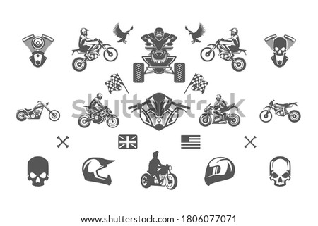 Vintage custom motorcycles silhouettes and icons isolated on white background vector illutrations set. Rider on bike, motorcycle, engine repairs objects for print and logo emblem templates.
