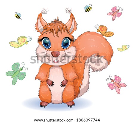 Cute cartoon squirrel with beautiful eyes on a background of flowers and butterflies